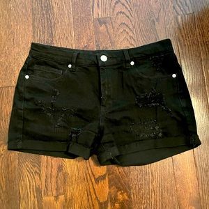 Distressed Black Shorts